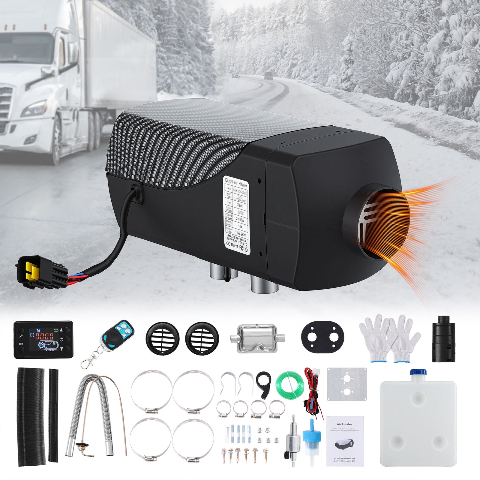 Diesel Air Heater | 12–24V 2kW with LCD Remote | Black
