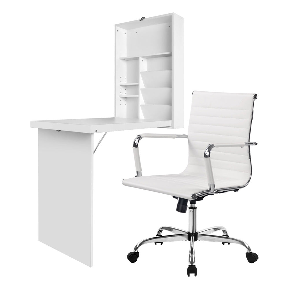 Artiss Office Set | PU Leather Chair + Wall Mount Foldable Table | White
