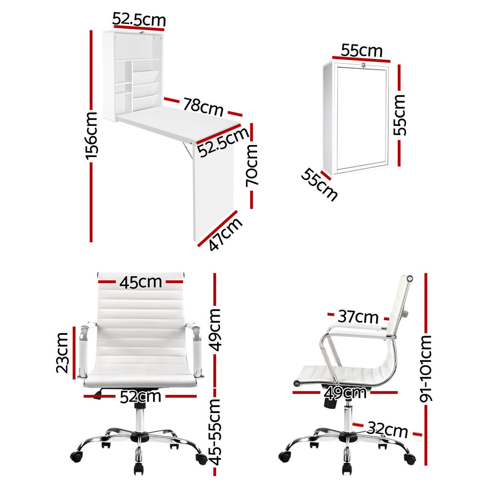 Artiss Office Set | PU Leather Chair + Wall Mount Foldable Table | White