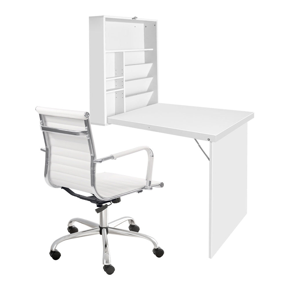 Artiss Office Set | PU Leather Chair + Wall Mount Foldable Table | White