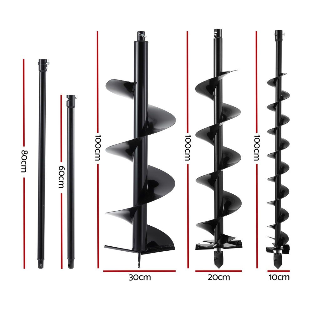 Auger Drill Bit Set | 100mm + 200mm + 300mm | Carbon Steel | Black