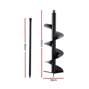 Auger Drill Bit | 300mm | Post Hole Digger | +80cm Extension | Black