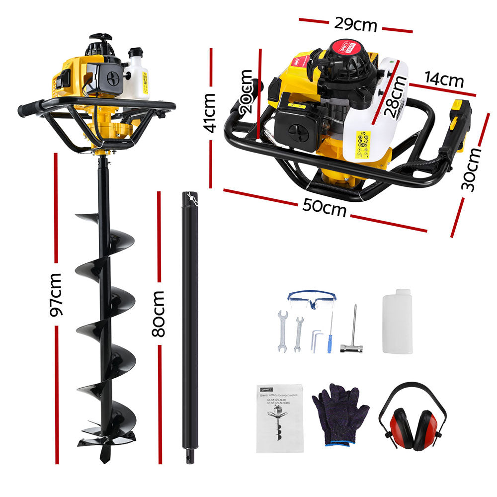 Petrol Post Hole Digger | 82CC | 200mm Auger Drill | Extension Bits Included