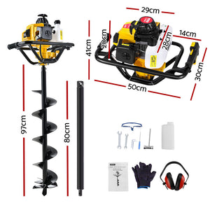 Petrol Post Hole Digger | 82CC | 200mm Auger Drill | Extension Bits Included