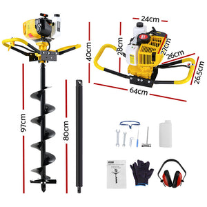 Petrol Post Hole Digger | 74CC | 200mm Auger Drill | Extension Bits Included