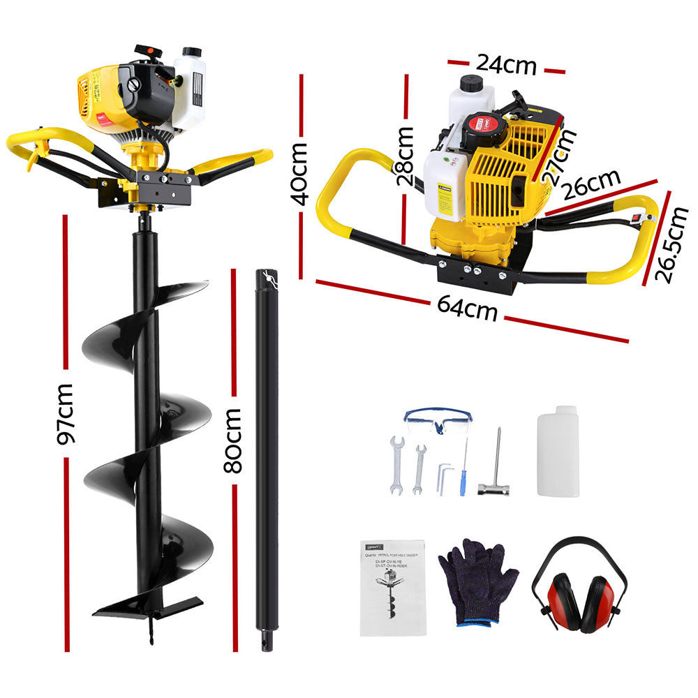 Petrol Post Hole Digger | 74CC | 300mm Auger Drill | Extension Bits Included