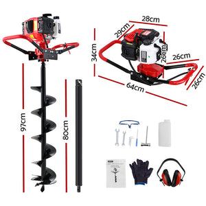 Petrol Post Hole Digger | 65CC | 200mm Auger Drill | Extension Bits Included
