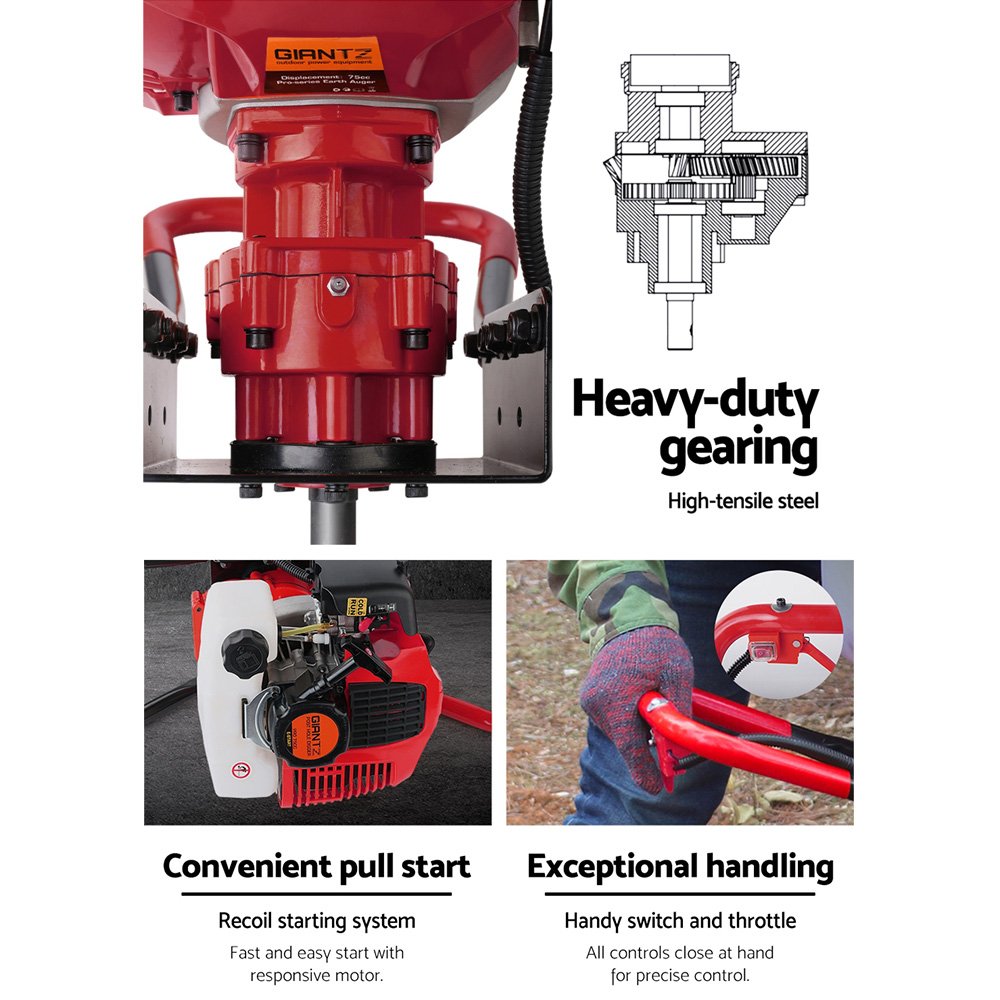 Petrol Post Hole Digger | 66CC | Drill Extension Auger Bits Kit