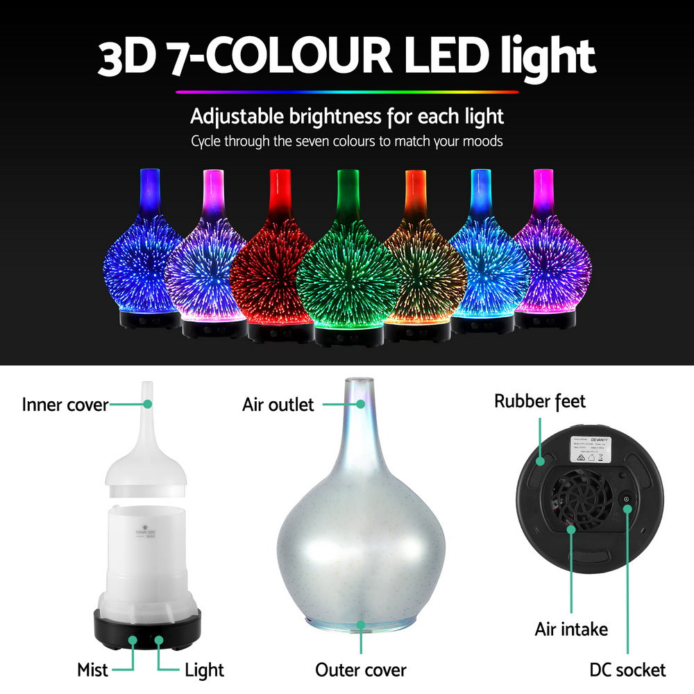Devanti Ultrasonic Aroma Diffuser | Aromatherapy | 3D Light Oil Firework Humidifier