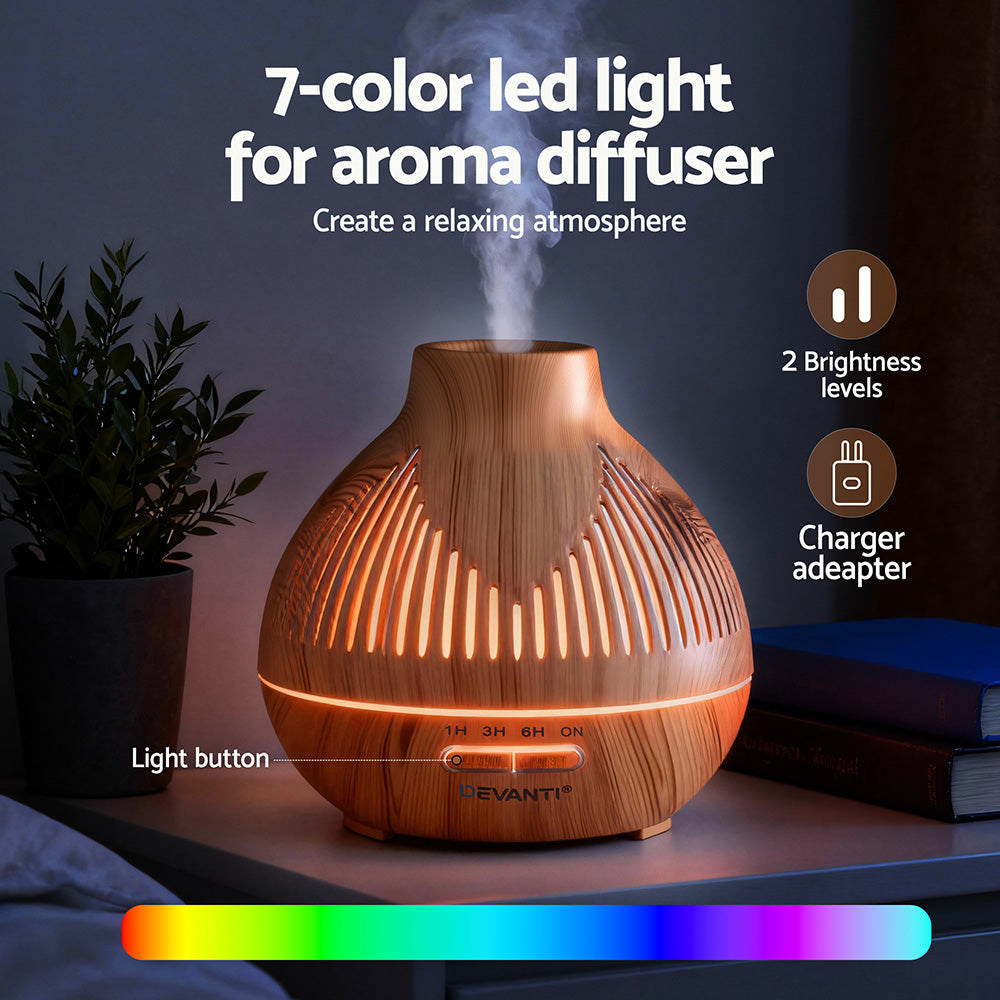 Large Essential Oil Diffuser | 400ml | LED Lighting | Iron | Light Wood Grain (Version B)