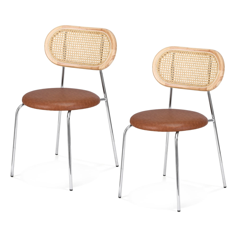 Dining Chairs Set 2pc | PU Leather + Rattan | Brown