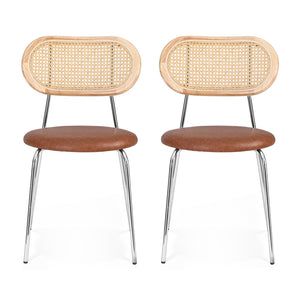 Dining Chairs Set 2pc | PU Leather + Rattan | Brown
