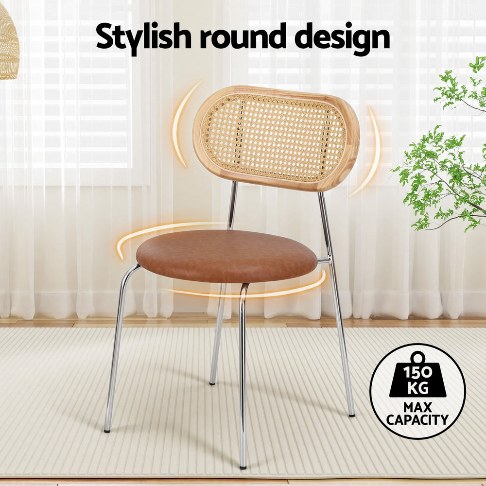 Dining Chairs Set 2pc | PU Leather + Rattan | Brown