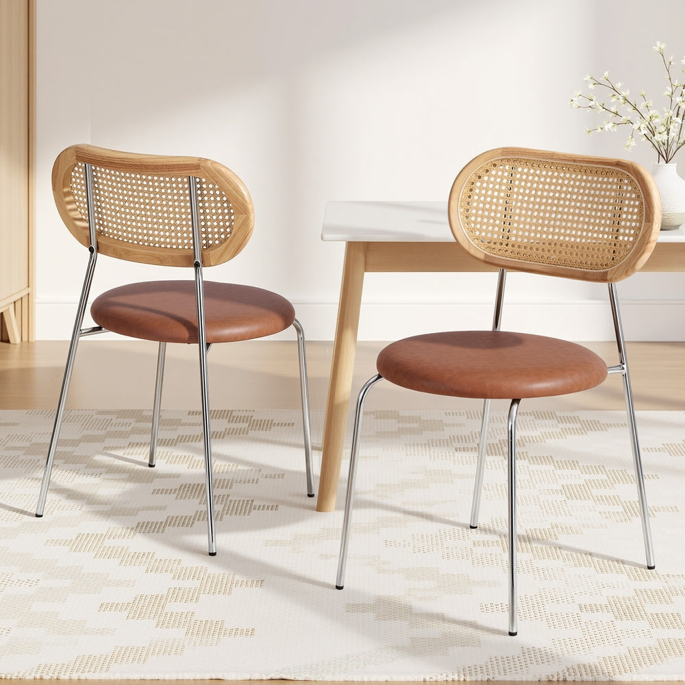 Dining Chairs Set 2pc | PU Leather + Rattan | Brown