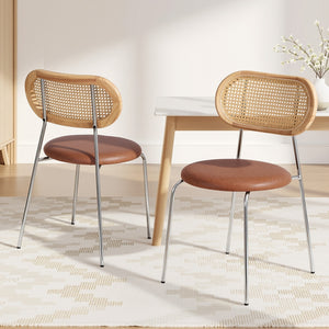 Dining Chairs Set 2pc | PU Leather + Rattan | Brown