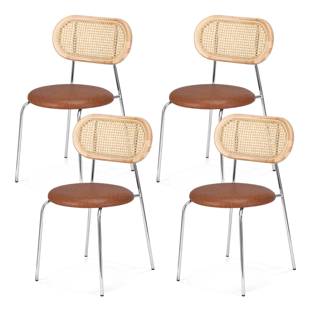 Dining Chairs Set 4pc | Rattan Back | PU Leather Seat | Brown