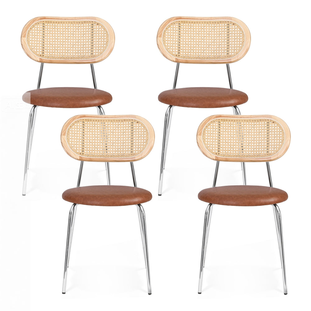 Dining Chairs Set 4pc | Rattan Back | PU Leather Seat | Brown