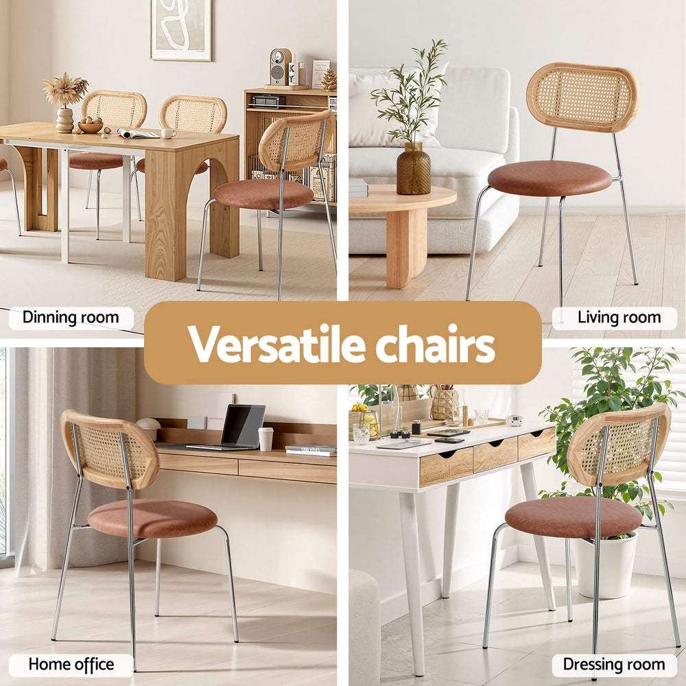 Dining Chairs Set 4pc | Rattan Back | PU Leather Seat | Brown