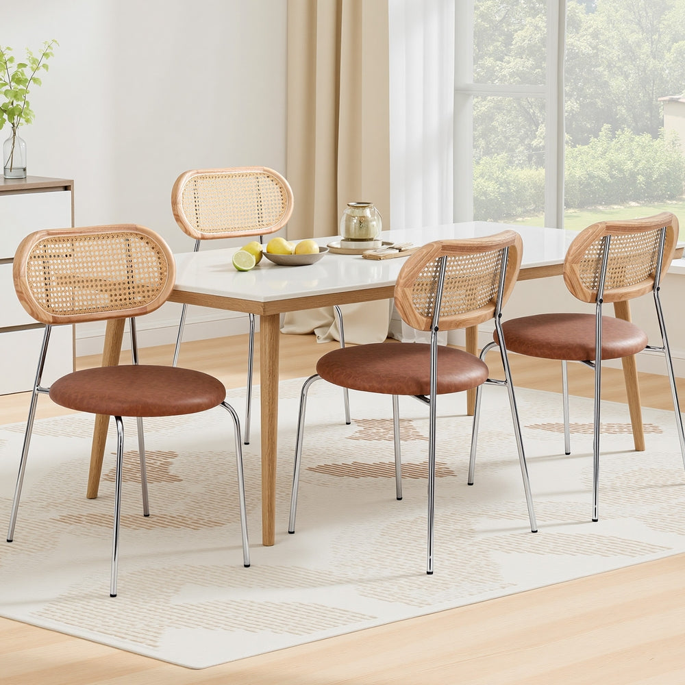 Dining Chairs Set 4pc | Rattan Back | PU Leather Seat | Brown
