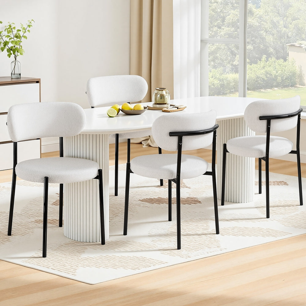 Dining Chairs Set 4pc | Boucle Sherpa Upholstery | White