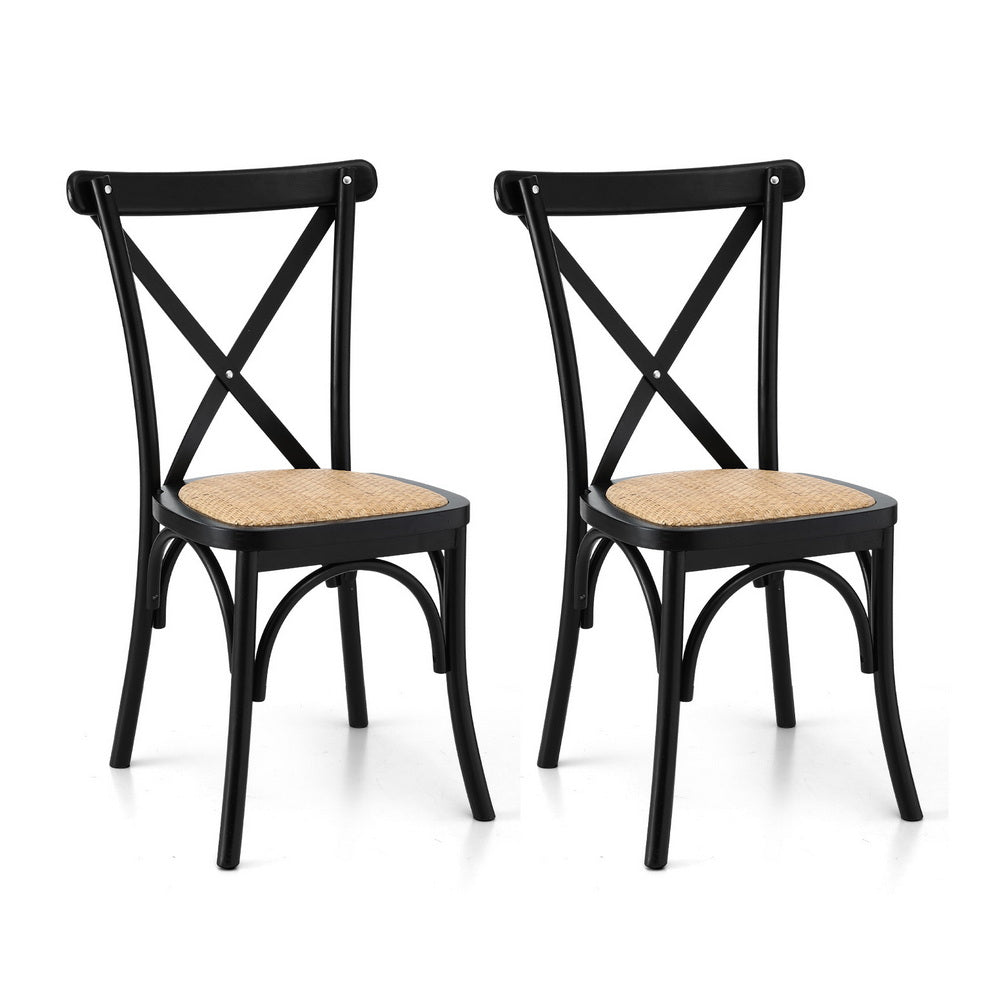 Dining Chairs Set 2pc | Rattan + Rubber Wood Frame | Wooden Accent Chairs