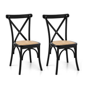 Dining Chairs Set 2pc | Rattan + Rubber Wood Frame | Wooden Accent Chairs