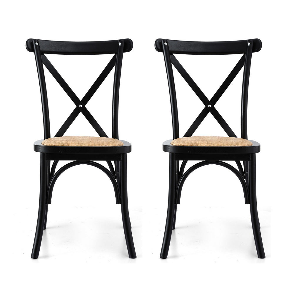 Dining Chairs Set 2pc | Rattan + Rubber Wood Frame | Wooden Accent Chairs