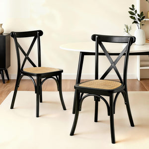 Dining Chairs Set 2pc | Rattan + Rubber Wood Frame | Wooden Accent Chairs