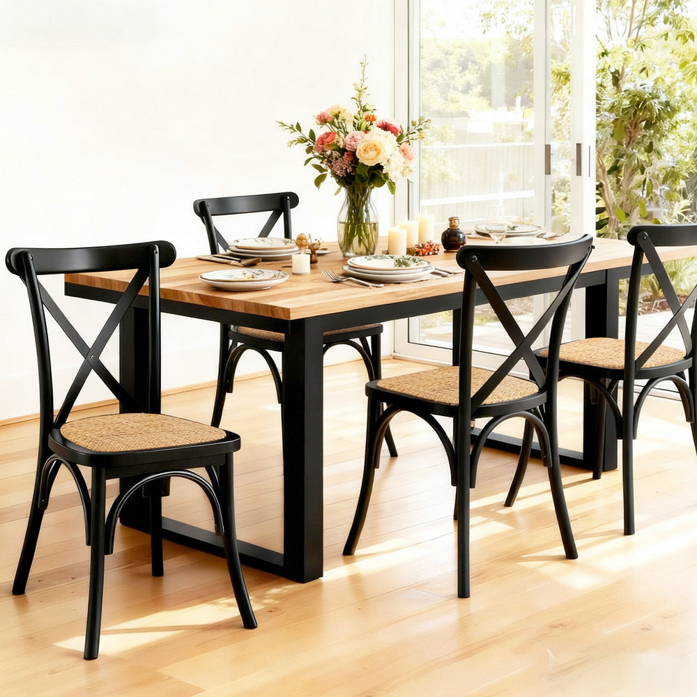 Dining Chairs Set 4pc | Rubber Wood Frame | Rattan Accent Design
