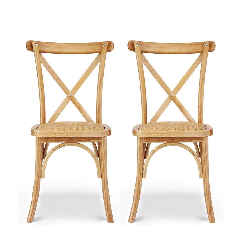 Dining Chairs Set 2pc | Rattan + Rubber Wood Frame | Wooden Accent Chairs