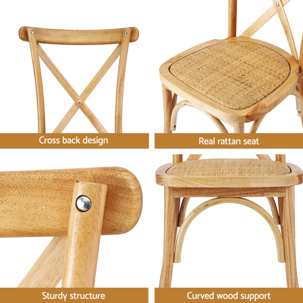 Dining Chairs Set 2pc | Rattan + Rubber Wood Frame | Wooden Accent Chairs