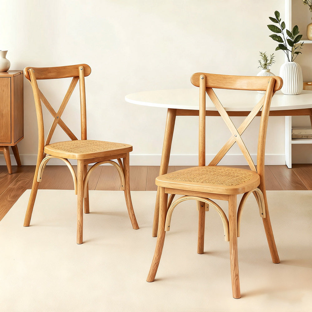 Dining Chairs Set 2pc | Rattan + Rubber Wood Frame | Wooden Accent Chairs