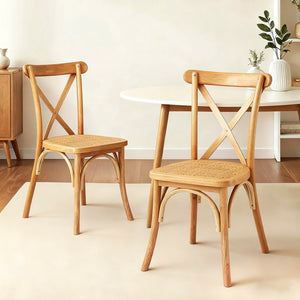 Dining Chairs Set 2pc | Rattan + Rubber Wood Frame | Wooden Accent Chairs