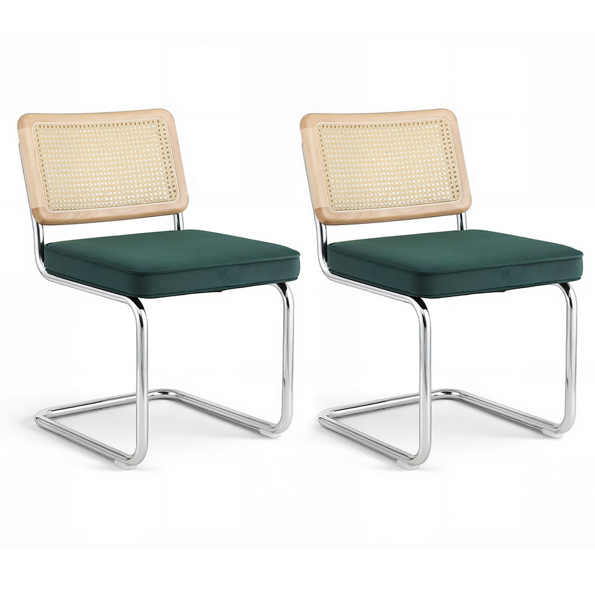 Dining Chairs Set 2pc | Cantilever Frame | Velvet + Rattan | Green