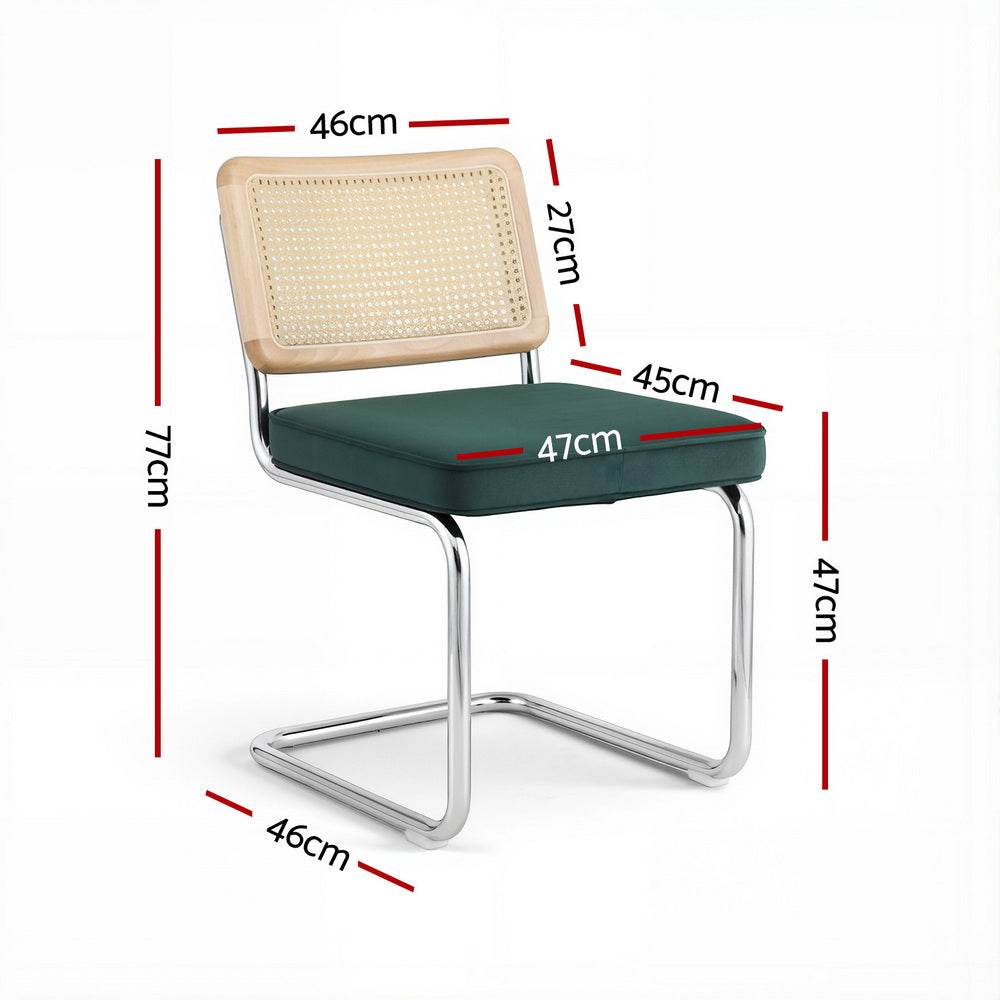 Dining Chairs Set 2pc | Cantilever Frame | Velvet + Rattan | Green