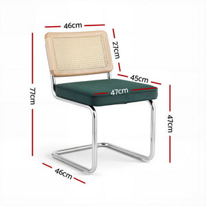 Dining Chairs Set 2pc | Cantilever Frame | Velvet + Rattan | Green