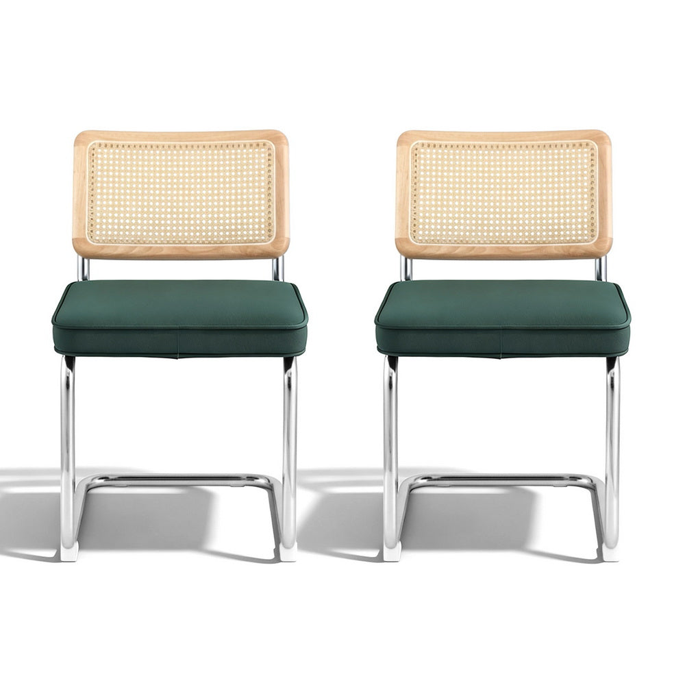 Dining Chairs Set 2pc | Cantilever Frame | Velvet + Rattan | Green