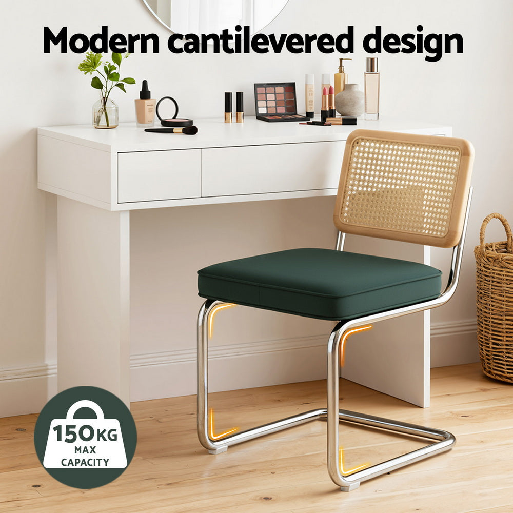 Dining Chairs Set 2pc | Cantilever Frame | Velvet + Rattan | Green