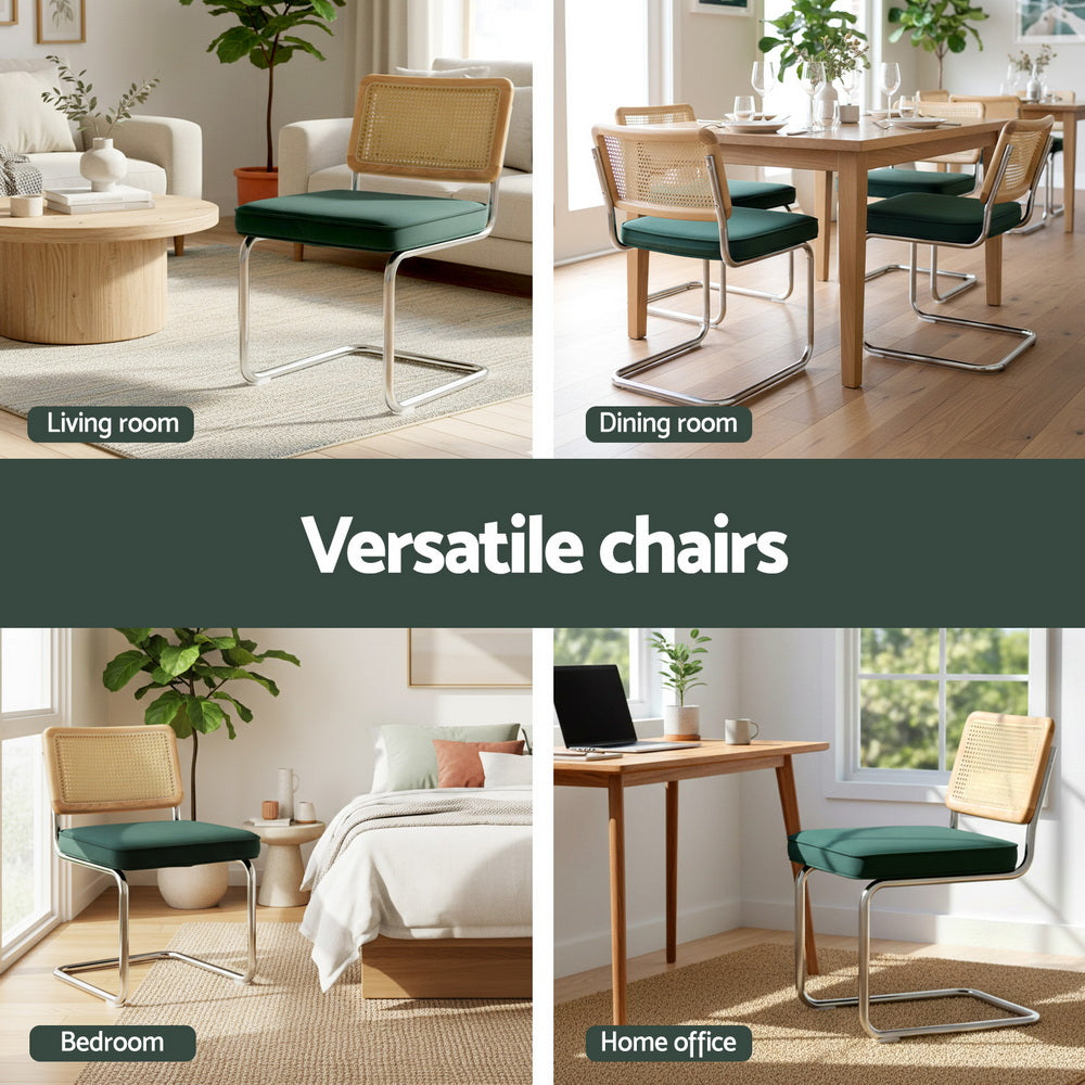 Dining Chairs Set 2pc | Cantilever Frame | Velvet + Rattan | Green