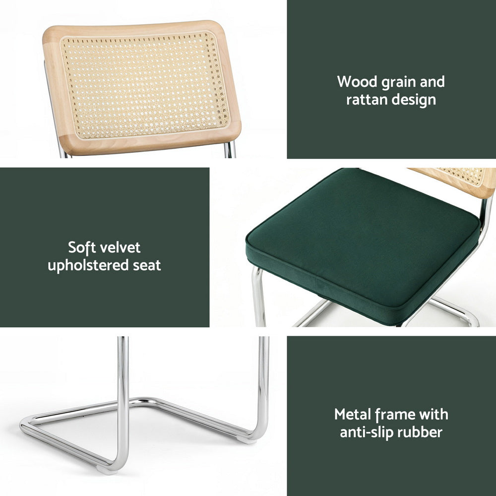 Dining Chairs Set 2pc | Cantilever Frame | Velvet + Rattan | Green
