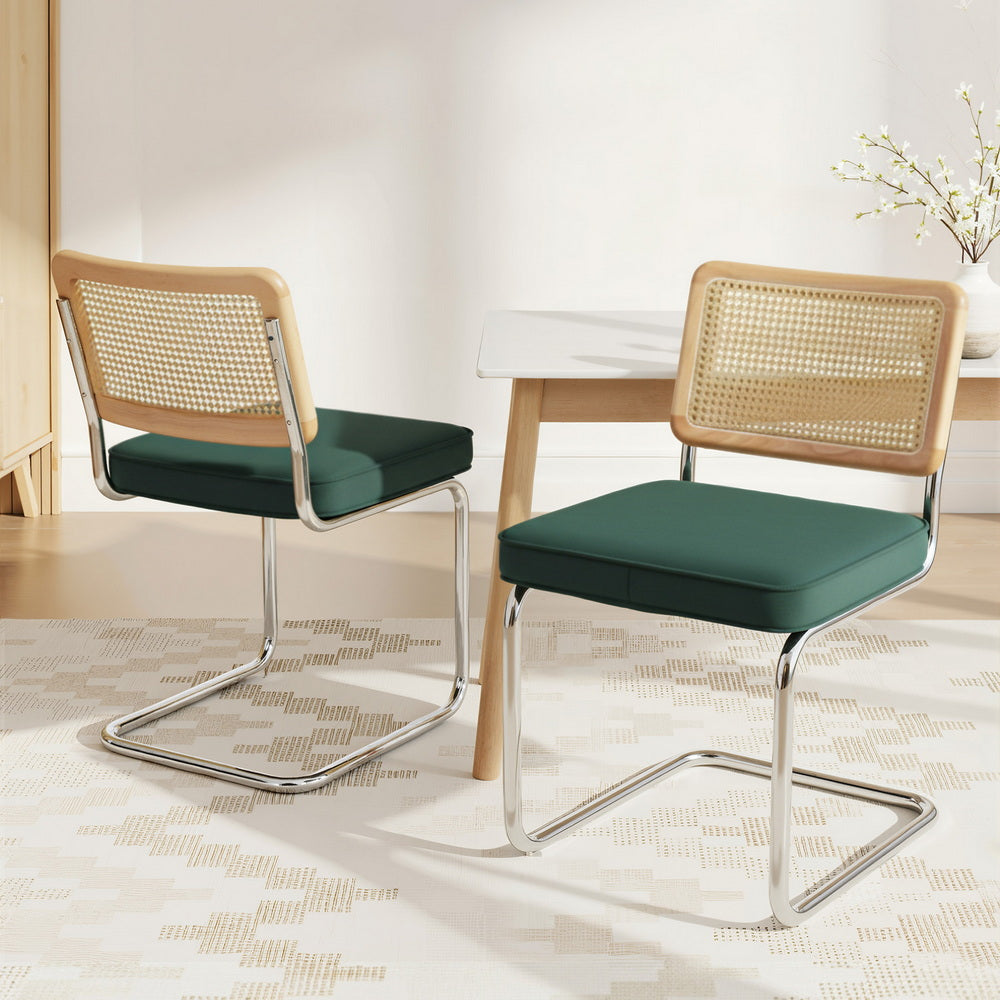 Dining Chairs Set 2pc | Cantilever Frame | Velvet + Rattan | Green