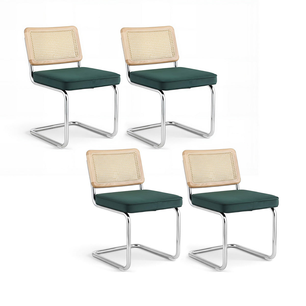 Dining Chairs Set 4pc | Velvet Rattan Cantilever Chairs | Green