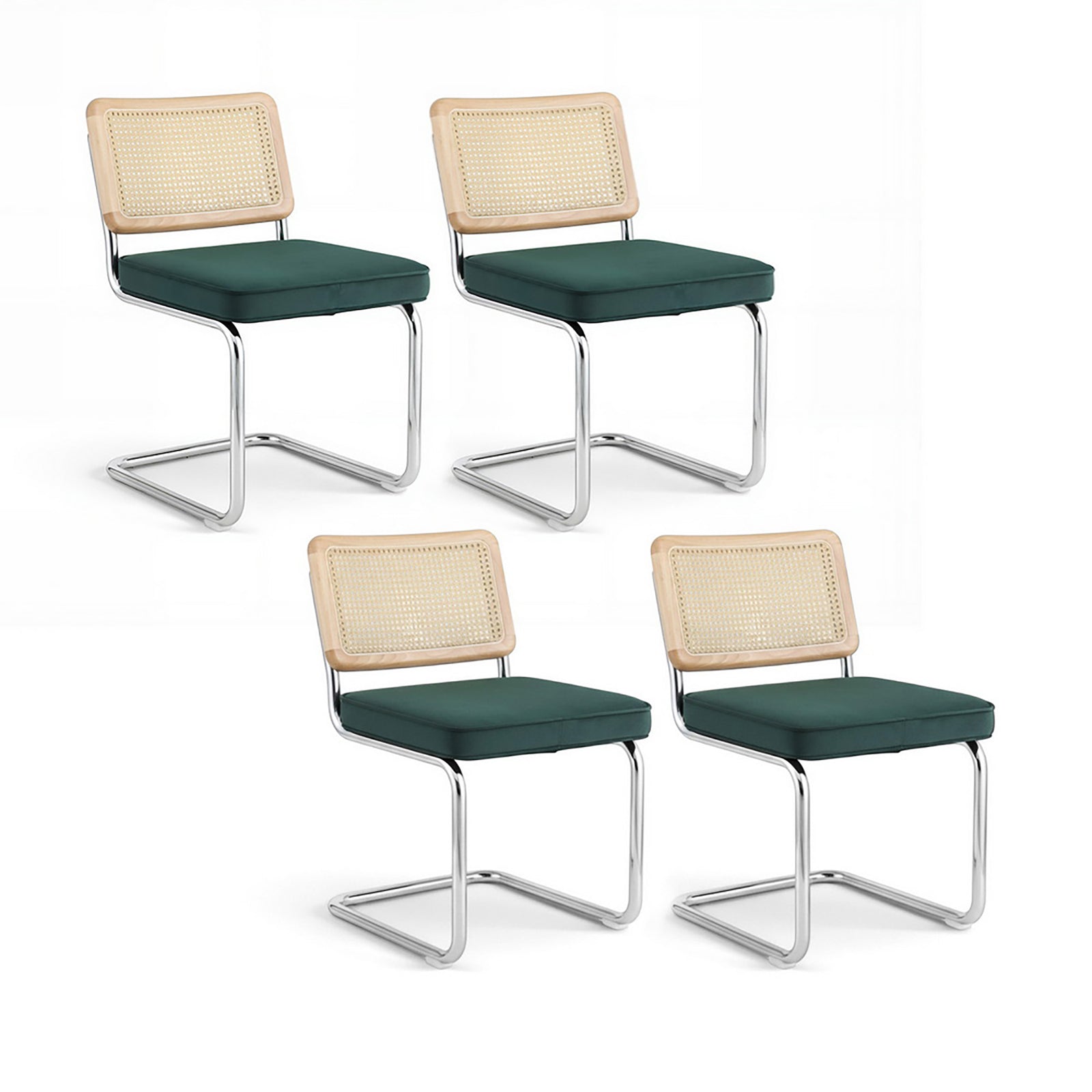 Dining Chairs Set 4pc | Velvet Rattan Cantilever Chairs | Green