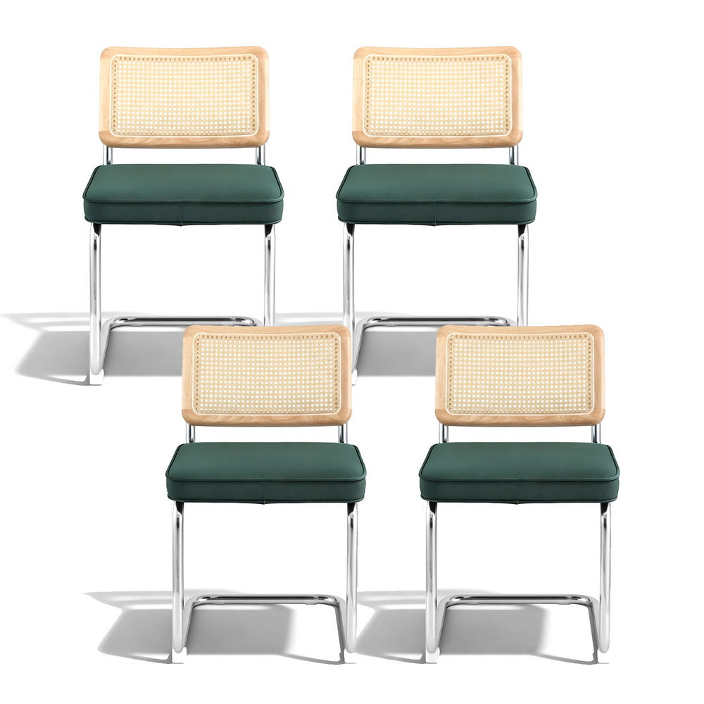 Dining Chairs Set 4pc | Velvet Rattan Cantilever Chairs | Green