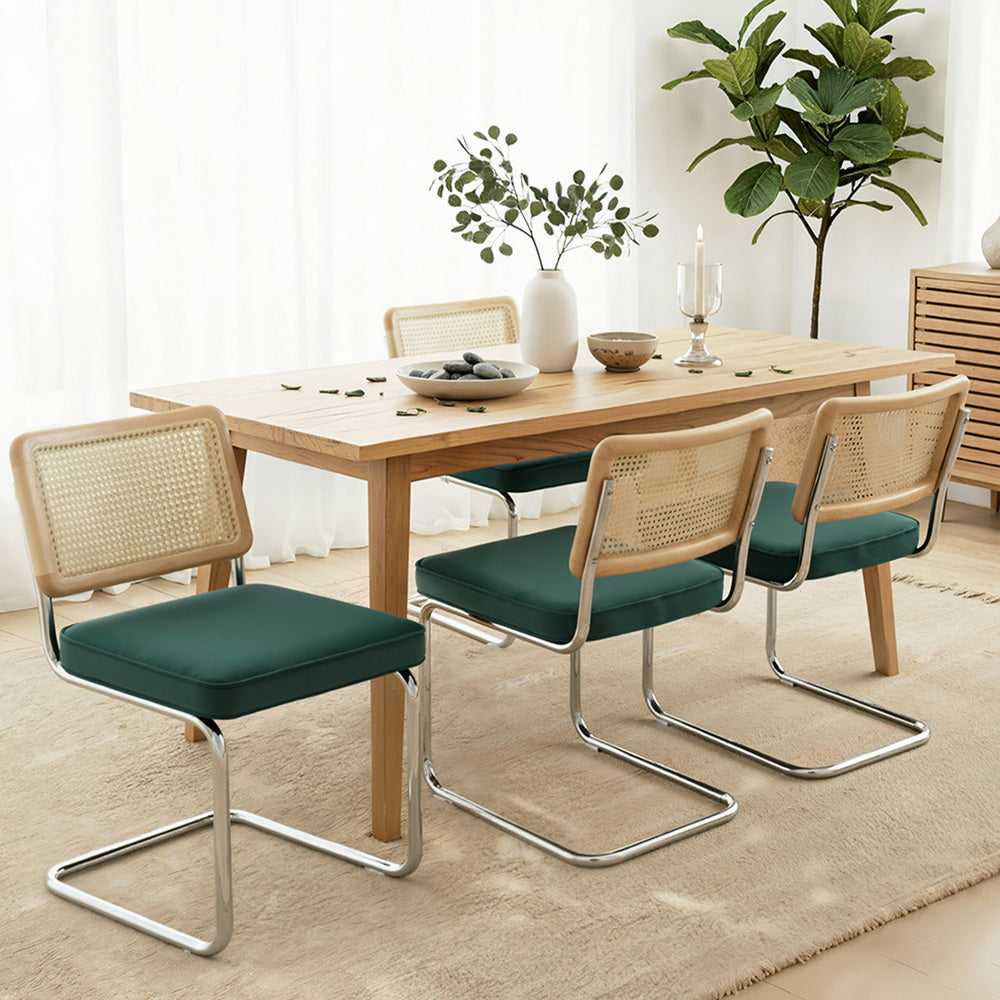 Dining Chairs Set 4pc | Velvet Rattan Cantilever Chairs | Green