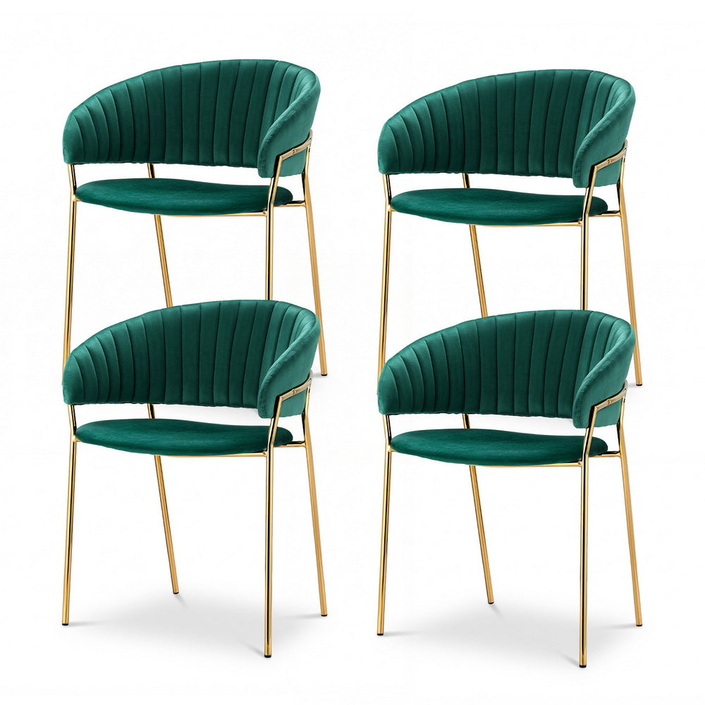 Dining Chairs Set 4pc | Velvet Hollow Back Armchairs | Green