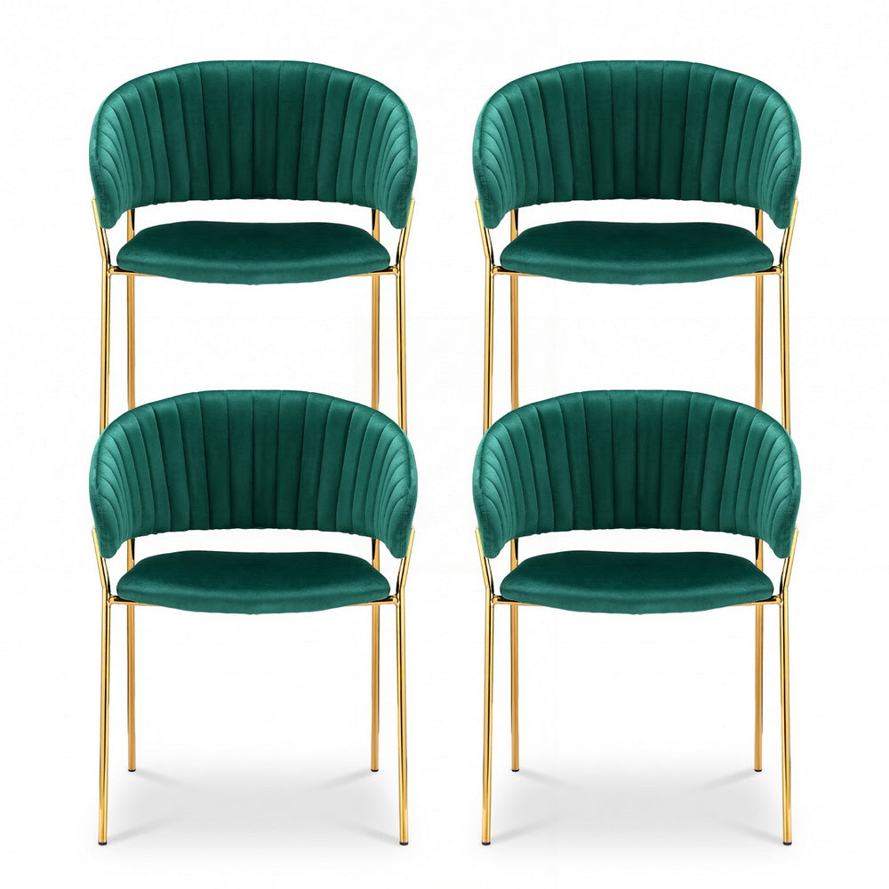Dining Chairs Set 4pc | Velvet Hollow Back Armchairs | Green