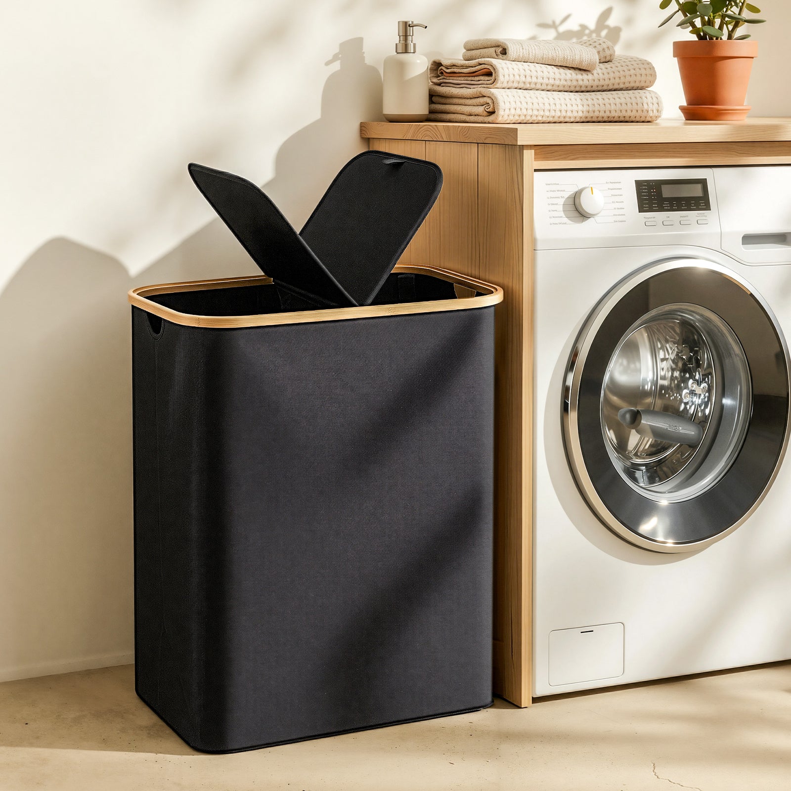Laundry Basket | 2 Sections | Removable Bags | Foldable Black Hamper