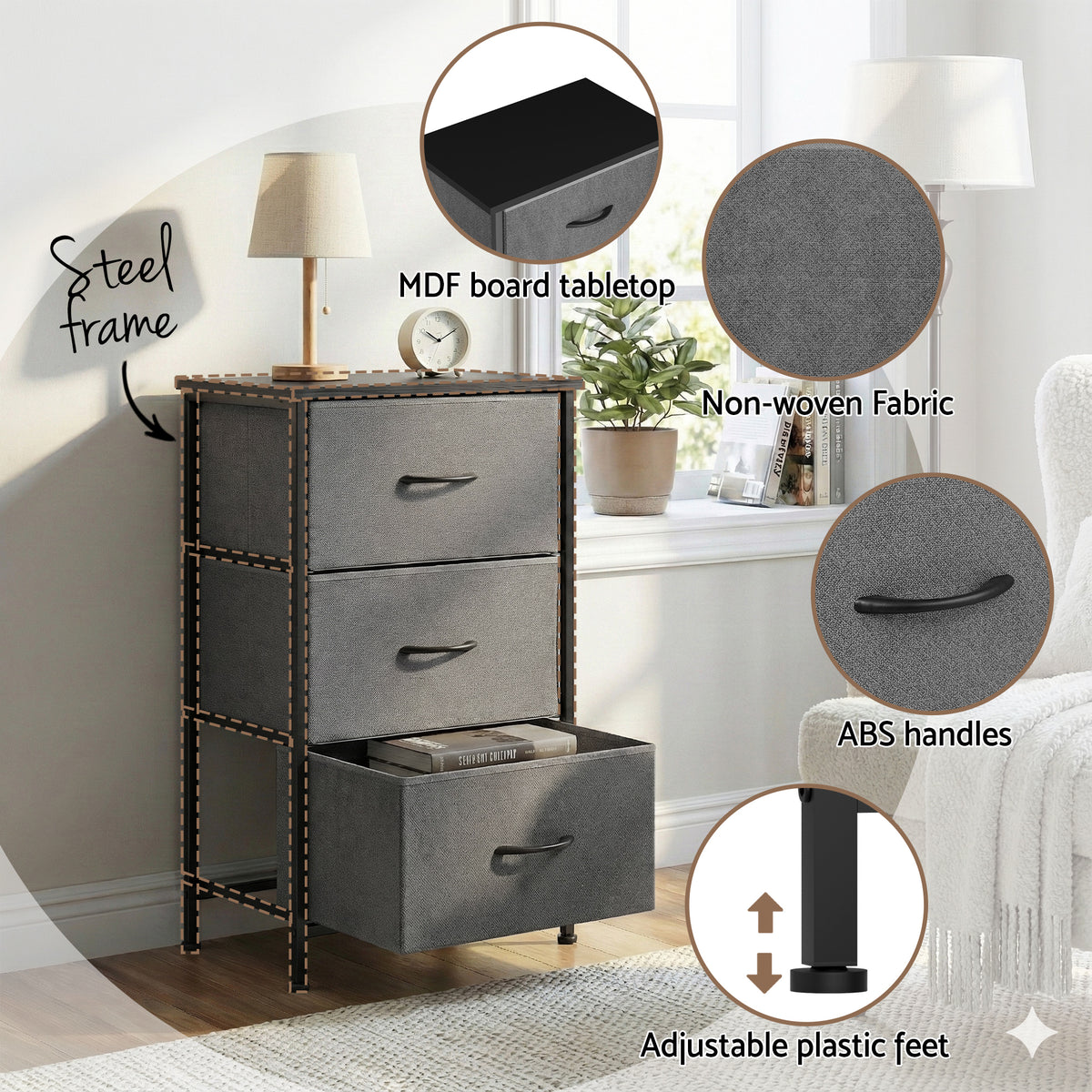 Tallboy Dresser | 3 Drawer Chest | Storage Cabinet | Grey