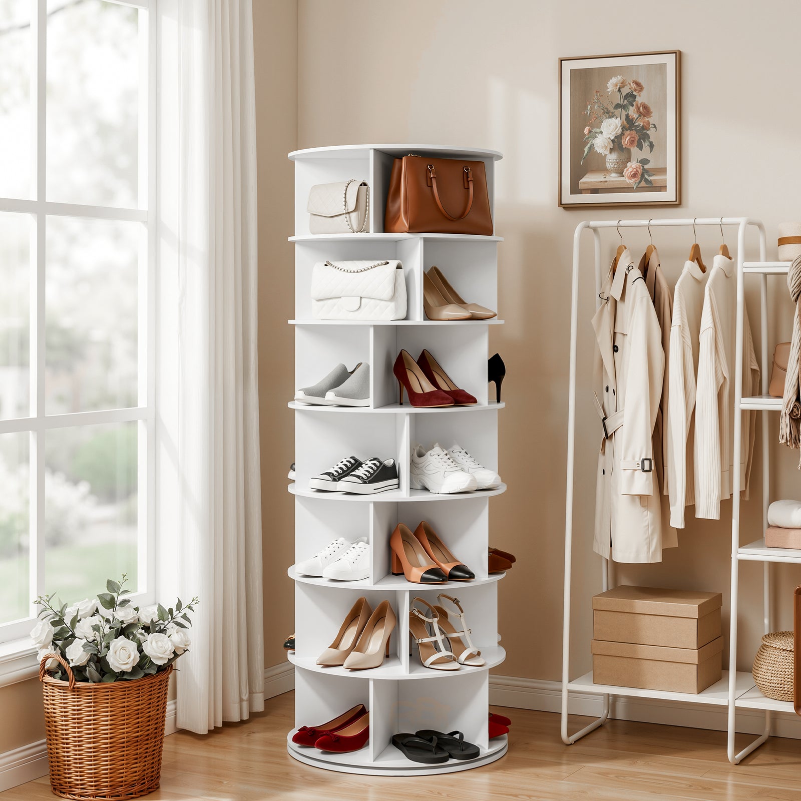Rotating Shoe Rack | 7-Tier 360° Shoe Storage Display Shelf | White